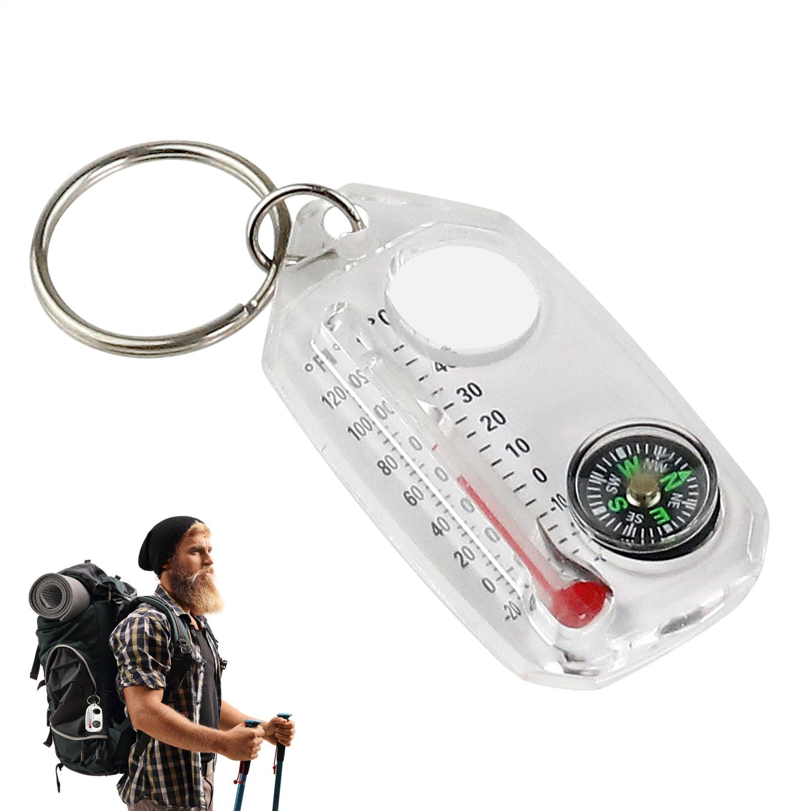Compass Keychain Mini - 小型キーチェーンコンパス ポータブルミニキーチェーン アウトドア温度計 拡大鏡 コンパスガイド キャンプサバイバルツール