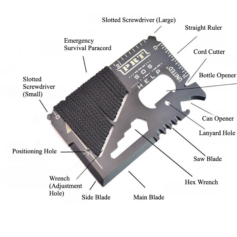 Multitool Credit Card - ステンレス製、財布に収納できるサバイバルカード、多機能ツール、クレジットカードサイズのポケットナイフ、パラコード付き、多機能キャンプ用ツールキット。