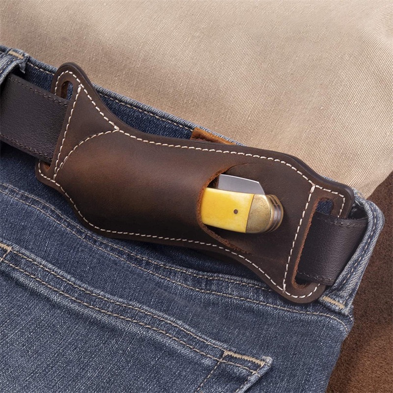 Leather Edc. Carry Pouch - 屋外用、本革製、腰に装着できるEDCナイフ用シース／ポーチ。ベルトに通して携帯可能。折りたたみナイフやバリソングナイフに最適。