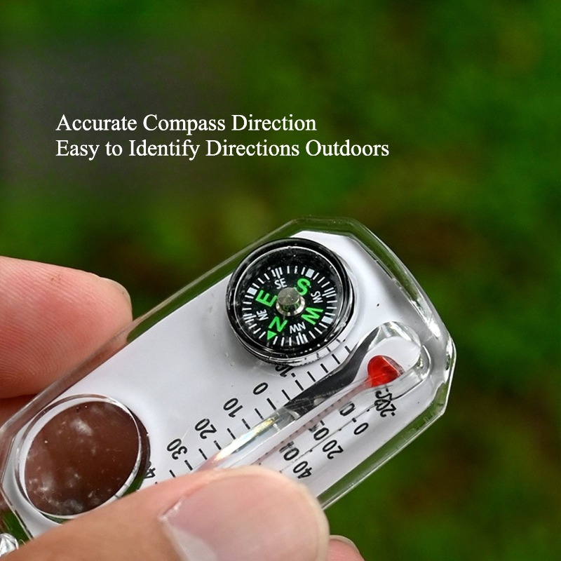 アウトドアサバイバルコンパスキーホルダー、温度計と拡大鏡付き - Compass Keychain Mini のレビューと価格